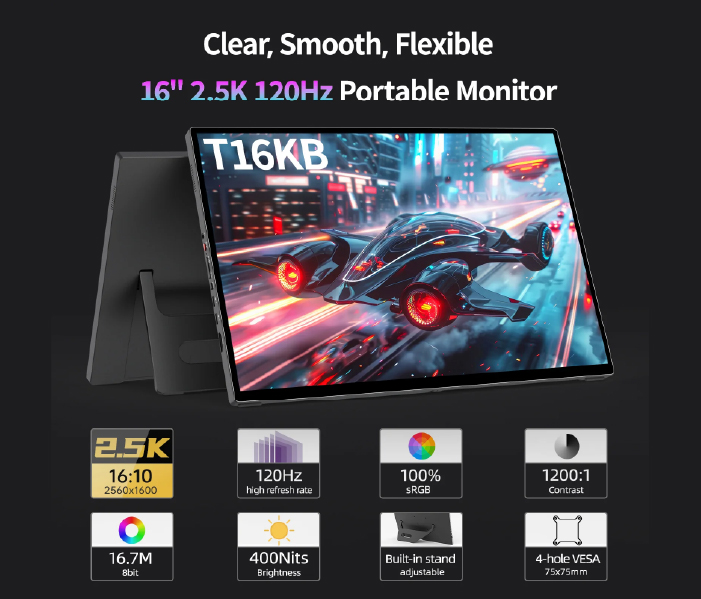 Intehill Portable Monitor 16 inch 2.5K 120Hz Touchscreen - Black (T16KB)